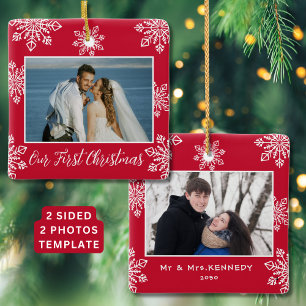 Ornamento De Cerâmica Nosso Primeiro Natal 2 Fotos Brancos de Neve Verme