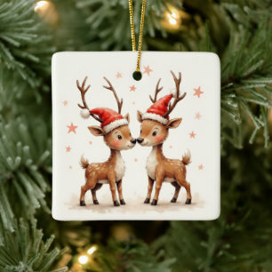Ornamento De Cerâmica Nosso Primeiro Natal Adoráveis Rena com Chapéus de