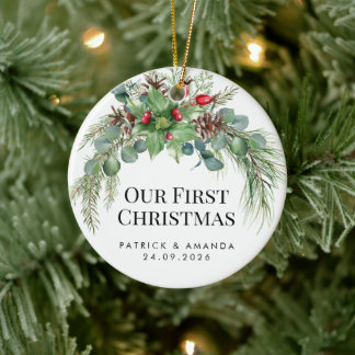 Ornamento De Cerâmica Nosso Primeiro Natal Aguarela Folhagem