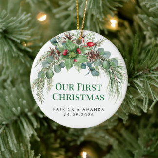 Ornamento De Cerâmica Nosso Primeiro Natal Aquarela Folhagem