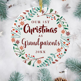Ornamento De Cerâmica Nosso Primeiro Natal Avós Floral Foto de Bebê