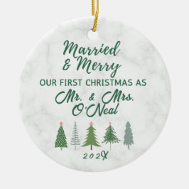 Ornamento De Cerâmica Nosso Primeiro Natal Casado e Feliz