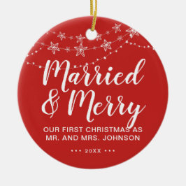 Ornamento De Cerâmica Nosso Primeiro Natal Casado e Foto Feliz Vermelha