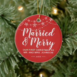 Ornamento De Cerâmica Nosso Primeiro Natal Casados e Alegres Foto Vermel