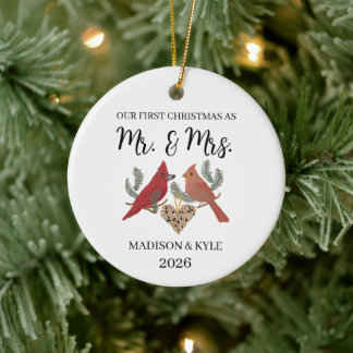 Ornamento De Cerâmica Nosso Primeiro Natal Casal Cardeal