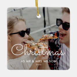 Ornamento De Cerâmica Nosso Primeiro Natal Casal Foto Rótulo Minimalista