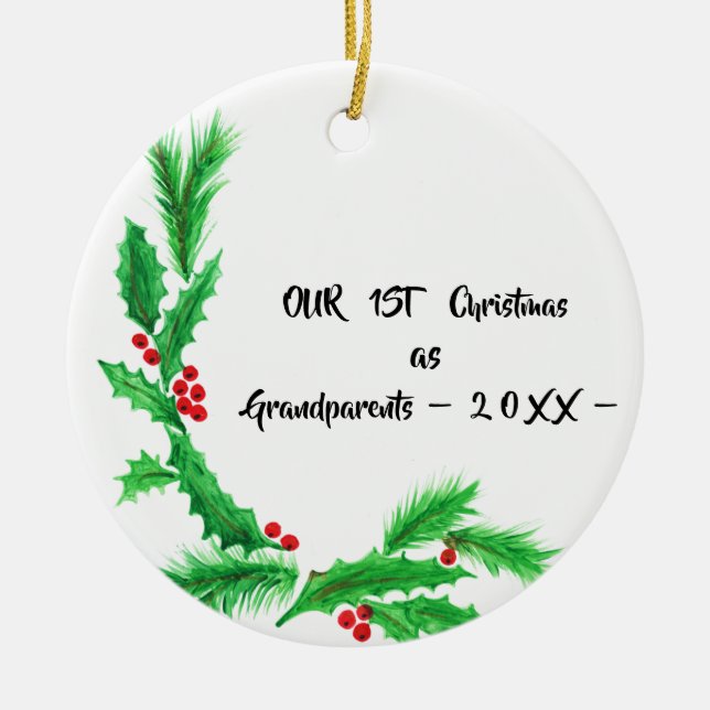 Ornamento De Cerâmica Nosso Primeiro Natal como Avós (Frente)