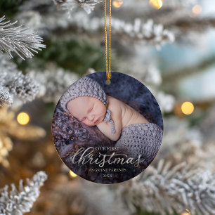 Ornamento De Cerâmica Nosso Primeiro Natal Como Avós Folha de Prata
