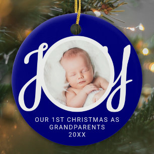 Ornamento De Cerâmica Nosso Primeiro Natal como Avós Foto Azul