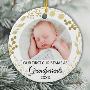 Ornamento De Cerâmica Nosso Primeiro Natal Como Avós Foto Dourada