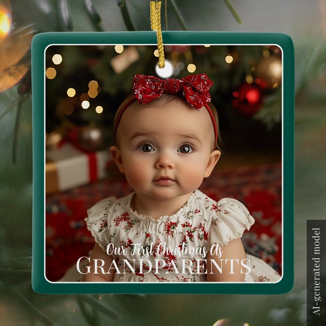 Ornamento De Cerâmica Nosso Primeiro Natal como Avós Neto (First Christmas as Grandparents Grandchild Newborn Green Ceramic Ornament)
