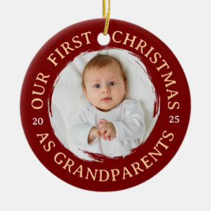 Ornamento De Cerâmica Nosso Primeiro Natal como Avós - Vermelho Fotográf