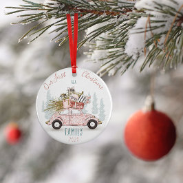 Ornamento De Cerâmica Nosso Primeiro Natal como Carro de Aquarela Famili
