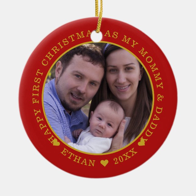 Ornamento De Cerâmica Nosso Primeiro Natal Como Mamãe E Foto Do Pai Verm (Frente)