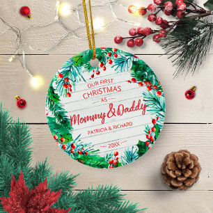 Ornamento De Cerâmica Nosso Primeiro Natal como Mamãe e Papai Coroa Rúst