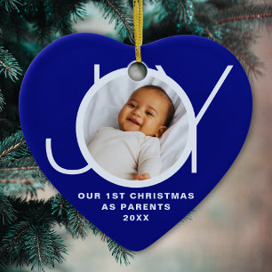 Ornamento De Cerâmica Nosso Primeiro Natal Como Pais Foto Azul Escuro
