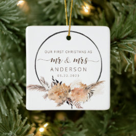 Ornamento De Cerâmica Nosso Primeiro Natal Como Sr. e Sra. Boho Terracot