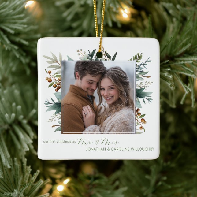 Ornamento De Cerâmica Nosso Primeiro Natal como Sr. e Sra. Botânica (Árvore)