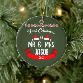 Ornamento De Cerâmica Nosso Primeiro Natal como Sr. e Sra. Newlywing