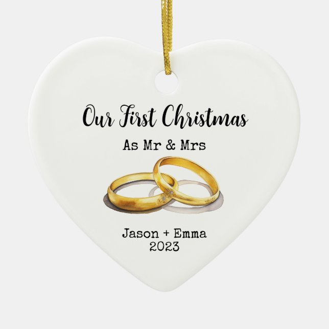 Ornamento De Cerâmica Nosso Primeiro Natal como Sr. e Sra. Por Eles (Frente)
