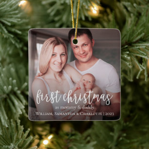 Ornamento De Cerâmica Nosso Primeiro Natal Como Uma Família de 3 Fotos