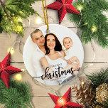 Ornamento De Cerâmica Nosso Primeiro Natal Como Uma Família De 3 Fotos E<br><div class="desc">Nosso Primeiro Natal Como Uma Família De 3 Elegantes Ornamentos Cerâmicos De Fotos</div>
