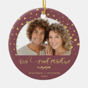 Ornamento De Cerâmica Nosso Primeiro Natal de Noivado Foto Confete Doura