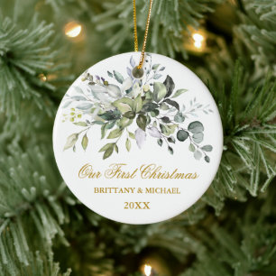 Ornamento De Cerâmica Nosso Primeiro Natal, em Watercolor Greenery, Dour