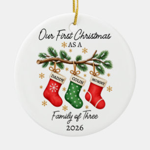 Ornamento De Cerâmica Nosso Primeiro Natal Família de Três
