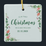Ornamento De Cerâmica nosso primeiro Natal floral de inverno<br><div class="desc">amante morango e design floral de natal verde. O texto,  as cores e a imagem no verso podem ser personalizados.</div>