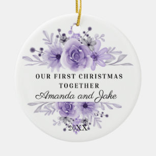Ornamento De Cerâmica Nosso Primeiro Natal Junto com o Purple Floral