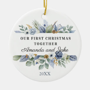 Ornamento De Cerâmica Nosso Primeiro Natal Juntos Aquarela Folhagem