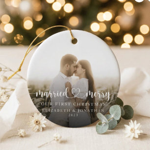 Ornamento De Cerâmica Nosso Primeiro Natal Juntos Foto de Recém-Casados