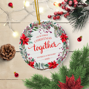 Ornamento De Cerâmica Nosso Primeiro Natal Juntos Rustic Wreath Cerâmica
