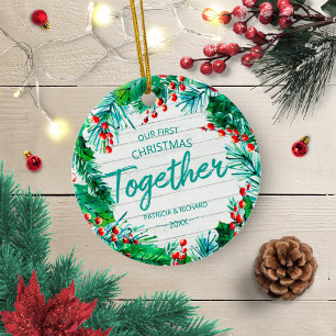 Ornamento De Cerâmica Nosso Primeiro Natal Juntos Trelica Rústica Casal