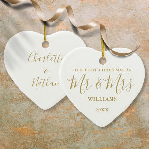 Ornamento De Cerâmica Nosso Primeiro Natal Mr Mrs Gold Script de Assinat