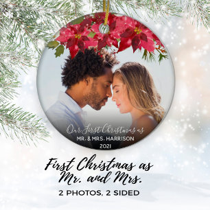 Ornamento De Cerâmica Nosso Primeiro Natal Newlyweds 2 Foto Floral