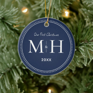 Ornamento De Cerâmica Nosso Primeiro Natal Novatos Monograma Marinho Azu