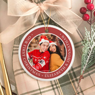 Ornamento De Cerâmica Nosso Primeiro Natal Simples Fotos de Casal Vermel
