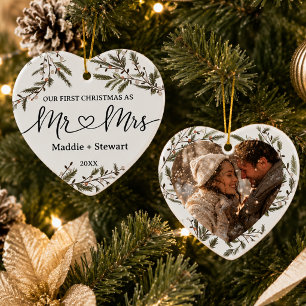 Ornamento De Cerâmica Nosso Primeiro Natal Sr e Sra Foto Recém-Casados C