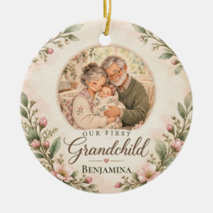 Ornamento De Cerâmica Nosso Primeiro Neto Rosa Floral Lembrança de Foto