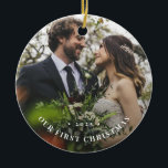 Ornamento De Cerâmica Nosso Primeiro Pedido de Foto de Natal<br><div class="desc">Simples e elegante,  esta tipografia moderna "nosso primeiro Natal",  o ornamento cerâmico é fácil de personalizar com uma foto favorita,  ano e texto mais fácil de editar.</div>