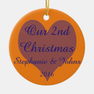 Ornamento De Cerâmica Nosso segundo do Natal coração alaranjado azul