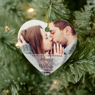 Ornamento De Cerâmica Nossos Nomes de Primeiro Natal Casal Fotos Amor Co