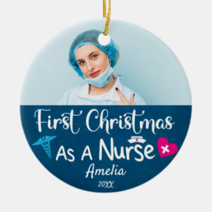 Ornamento De Cerâmica Novo Natal para Enfermeira, Foto personalizada e n