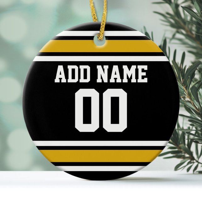 Ornamento De Cerâmica Número de Nome Personalizado de Futebol Dourado Ne (Personalized Christmas Ornament - Football Sorts Jersey Stripes)