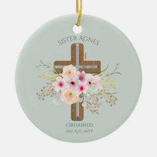 Ornamento De Cerâmica NUN - Portaria ou Aniversário - Cruz Floral