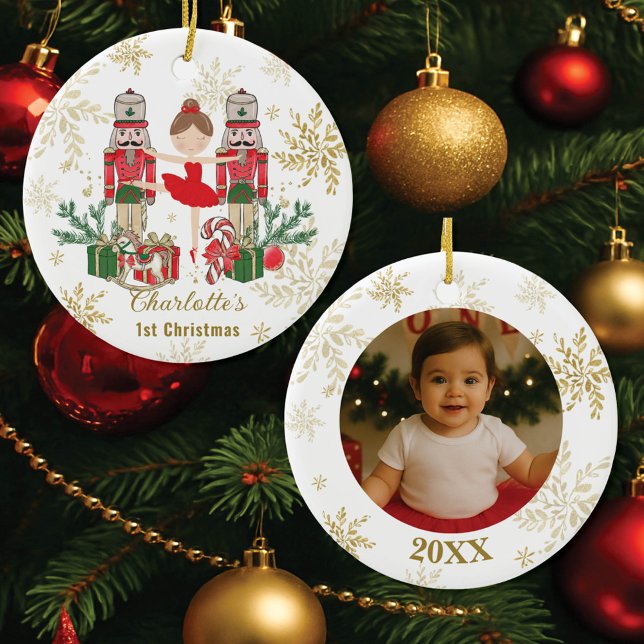 Ornamento De Cerâmica Nutcracker Ballet Red 1st Christmas Baby Photo (Criador carregado)