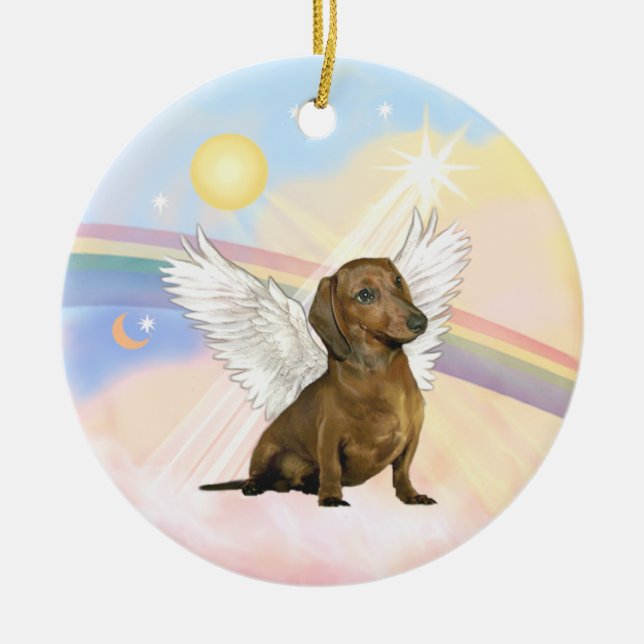 Ornamento De Cerâmica Nuvens - Anjo Dachshund (castanho) (Frente)