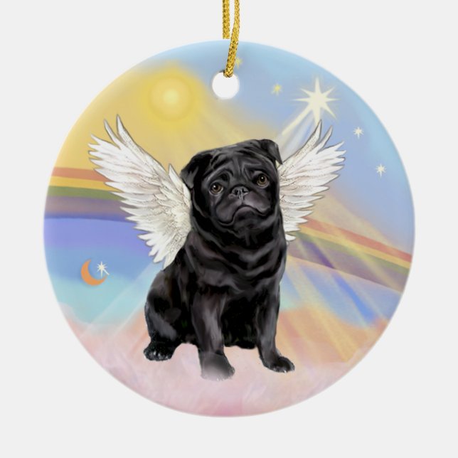 Ornamento De Cerâmica Nuvens - Anjo Pug Preto (Frente)